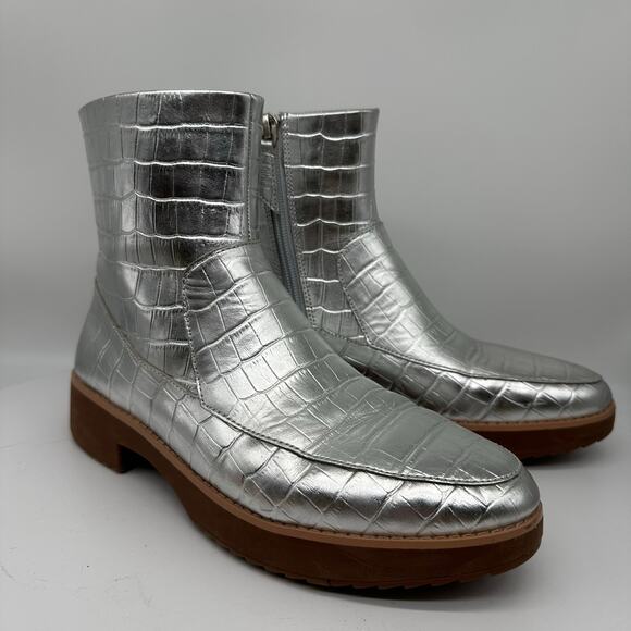 Fitflop Kinbey Croc Embossed Ankle Metallic Silver Boot Shoes Womens Size 6 - Picture 12 of 15